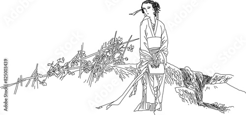 Vector illustration sketch design of traditional Japanese and Chinese beauty symbols of women doing activities