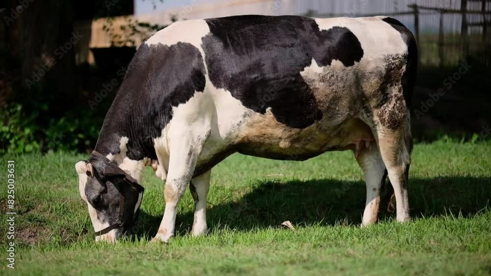 Dairy cow grazing on green grass on summer day. Dairy cow grazing on green grass on summer day.