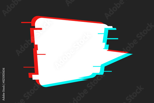 White speech bubble with retro glitch effect on a textured background. Broken Pixels, Banner Template with Empty Space for Text, Futuristic Cyber Effect.