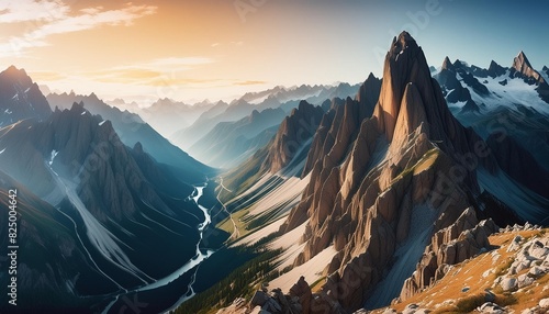 a unique and diverse mountain range with huge cliffs and rivers depicted in a stylized and abstract manner photo