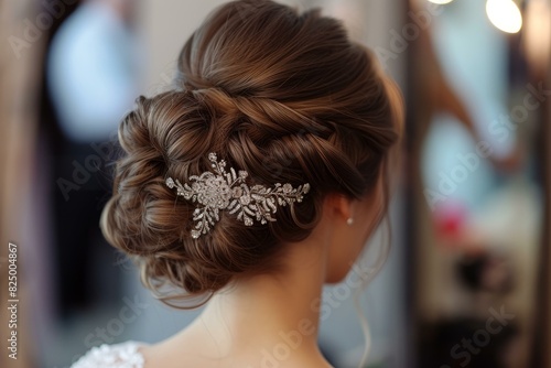 Close-up of a bride's sophisticated updo with a sparkling hairpiece