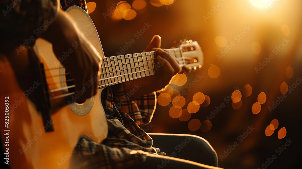 Obraz premium A person playing a musical instrument, lost in the soothing melodies. Dynamic and dramatic composition, with cope space