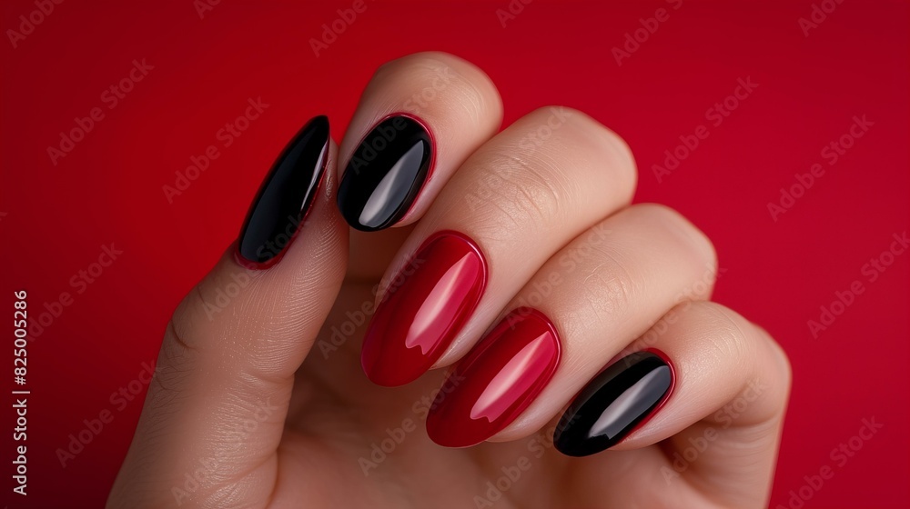 Close-up of a hand showcasing elegant red and black polished nails against a vibrant red background. Close-up of a hand showcasing elegant red and black polished nails against a vibrant red background.