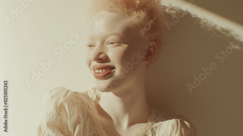 Albinism Awareness Day. A young albino African woman with blonde hair and a white dress is smiling. Albinism is a hereditary disease
