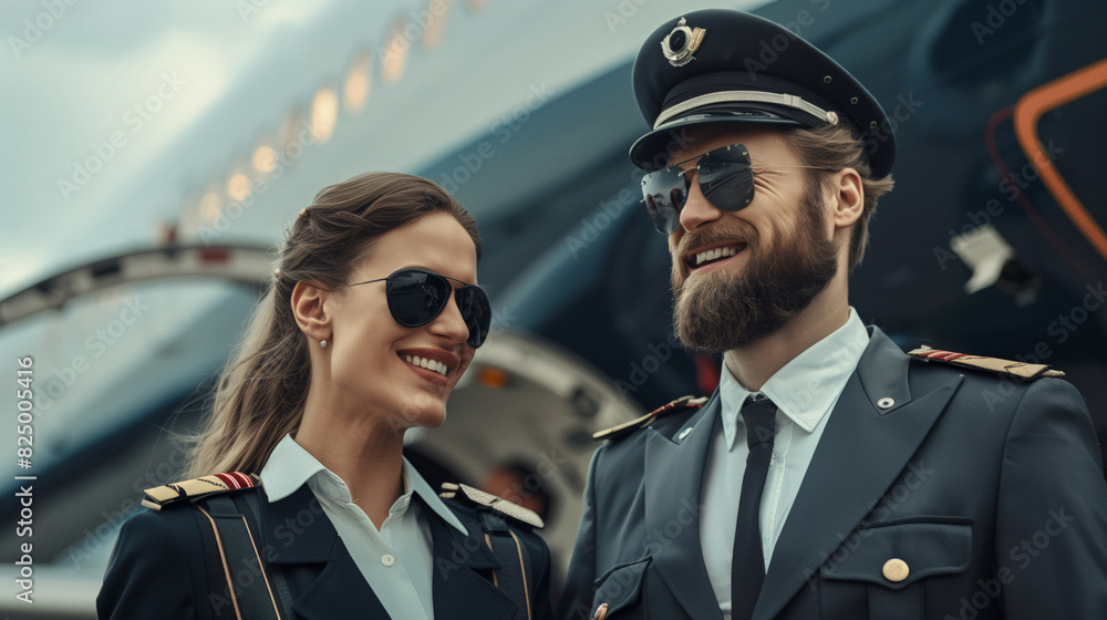 Two stylish pilots of different genders in a beautiful uniform and sunglasses are standing by a large plane. They are smiling Two stylish pilots of different genders in a beautiful uniform and sunglasses are standing by a large plane. They are smiling