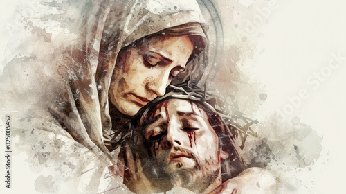 A digital illustration of Mother Mary cradling Christ's body, dramatic pose, sorrowful gaze