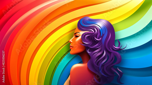 Side profile of a woman with purple hair against a colorful rainbow background. Vibrant digital illustration. Beauty and diversity concept. Design for poster, wallpaper, and header.