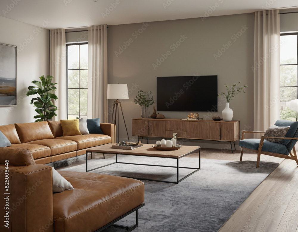 3D render of a modern living room interior, emphasizing comfort and style. Incorporate sleek furniture, a neutral color palette with pops of color, ambient lighting, tasteful décor 3D render of a modern living room interior, emphasizing comfort and style. Incorporate sleek furniture, a neutral color palette with pops of color, ambient lighting, tasteful décor