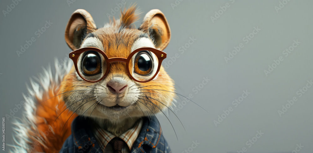 A friendly and well-dressed squirrel in a plaid coat, rendered in 3D, copy space A friendly and well-dressed squirrel in a plaid coat, rendered in 3D, copy space
