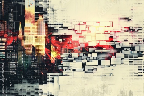 a cityscape merging with data streams and code symbols, set against a pixelated white background. Sunsets and explosions in fiery reds and oranges photo