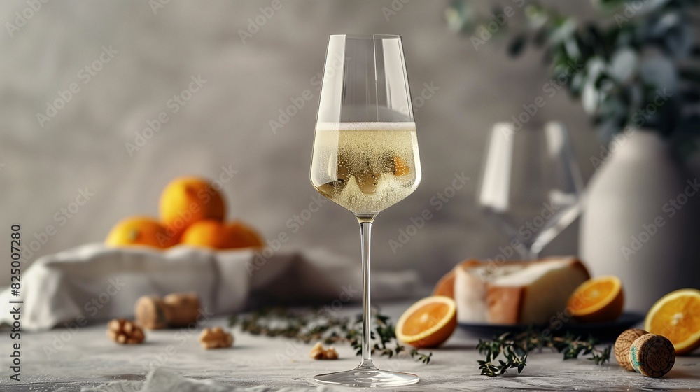 A glass of champagne on a beautifully decorated table with citrus fruits and atmospheric lighting