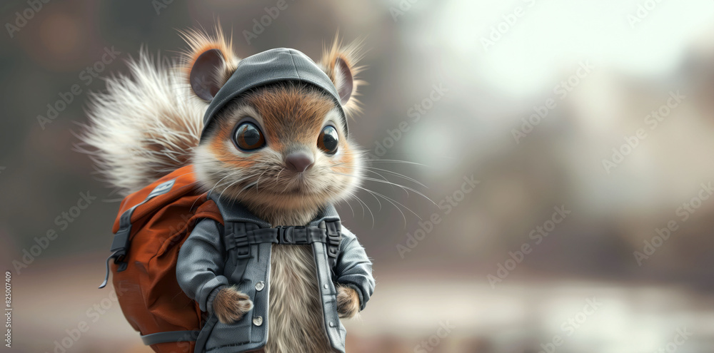 A digital illustration of a squirrel in a plaid coat, standing on a neutral background, copy space A digital illustration of a squirrel in a plaid coat, standing on a neutral background, copy space