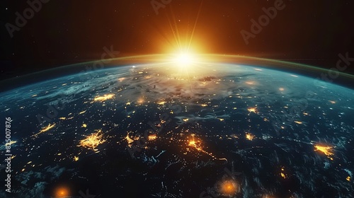 Breathtaking View of Earth from Space with Blue Sky, Golden Sun Rays, and City Lights