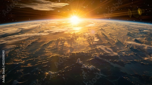 Breathtaking View of Earth from Space with Blue Sky, Golden Sun Rays, and City Lights