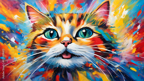 Oil painting, watercolor animals painting a big cat colorful rays of light energetic brushwork
