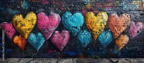 Vibrant SprayPainted Hearts A Graffiti Street Art Mural on a Brick Wall photo