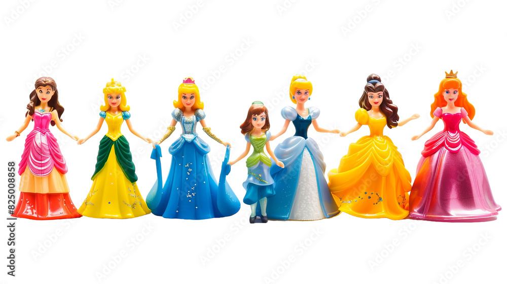 A collection of princess dolls positioned next to each other in a row, displaying various outfits and accessories A collection of princess dolls positioned next to each other in a row, displaying various outfits and accessories