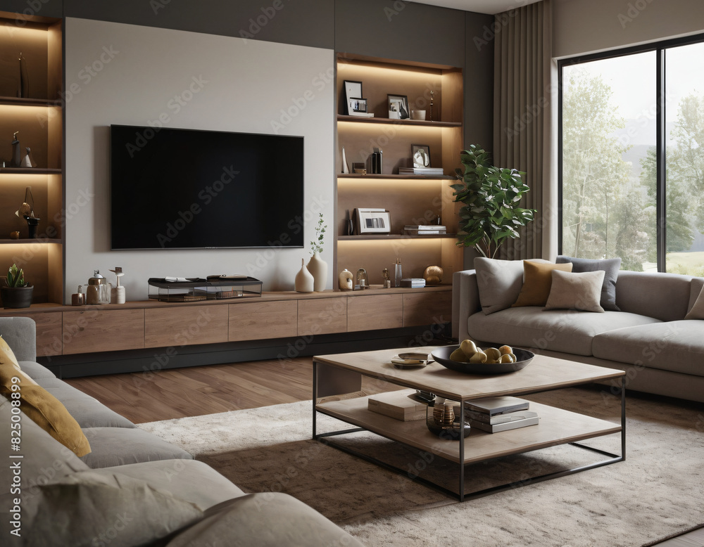 3D render of a modern living room interior, emphasizing comfort and style. Incorporate sleek furniture, a neutral color palette with pops of color, ambient lighting, tasteful décor 3D render of a modern living room interior, emphasizing comfort and style. Incorporate sleek furniture, a neutral color palette with pops of color, ambient lighting, tasteful décor