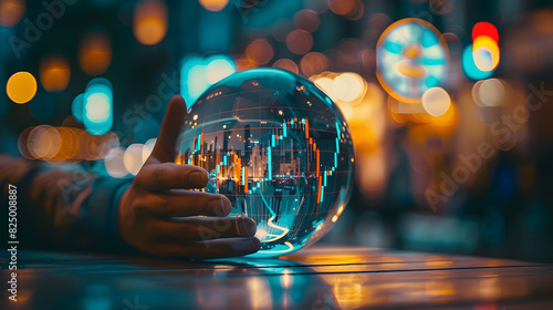 investor prediction, forecasting, stock market chart with candlestick in the crystal globe. 