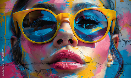 Vibrant street graffiti featuring a stylish woman wearing colorful sunglasses, blending urban art with expressive color splashes