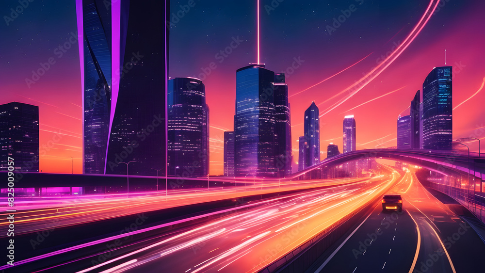 Fototapeta premium Busy city traffic with long lines of cars on streets illuminated by lights from buildings at dusk