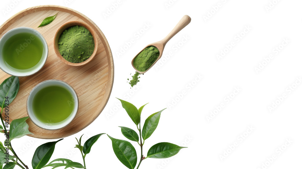 Three ceramic cups filled with green tea arranged neatly on a wooden tray Three ceramic cups filled with green tea arranged neatly on a wooden tray