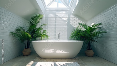 Bright bathroom with skylights and ferns around a freestanding tub. photo