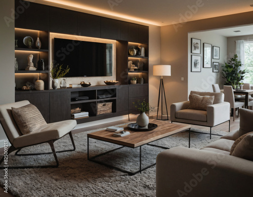 3D render of a modern living room interior  emphasizing comfort and style. Incorporate sleek furniture  a neutral color palette with pops of color  ambient lighting  tasteful d  cor