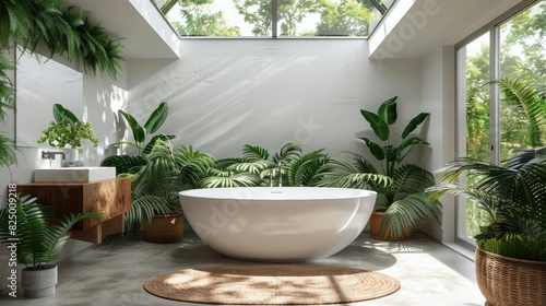 Bright bathroom with skylights and ferns around a freestanding tub. © BMMP Studio