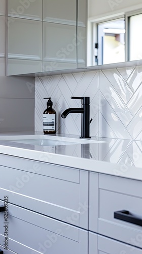 Modern bathroom with a white counter top and black faucet, a wall mounted mirror with a herringbone pattern on the glass surface, and a small black shelf for decorative items above the sink.