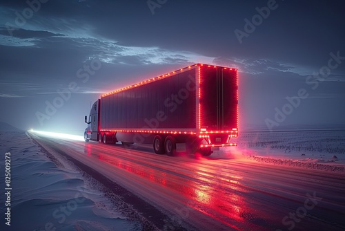 A large cargo truck with red lights glowing in the dark, traveling on an icy road illuminated by headlights and surrounded by a foggy atmosphere. photo