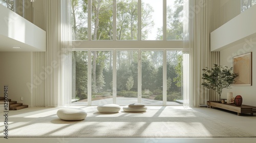 Fototapeta Naklejka Na Ścianę i Meble -  Bright minimalist living room with large windows and sparse furniture, natural light.