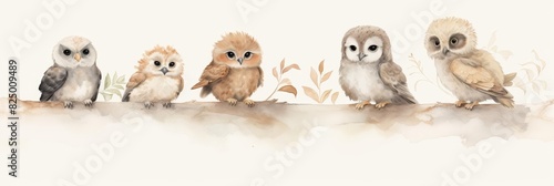 Watercolor nursery theme baby room, A row of five watercolor baby owls with big eyes
