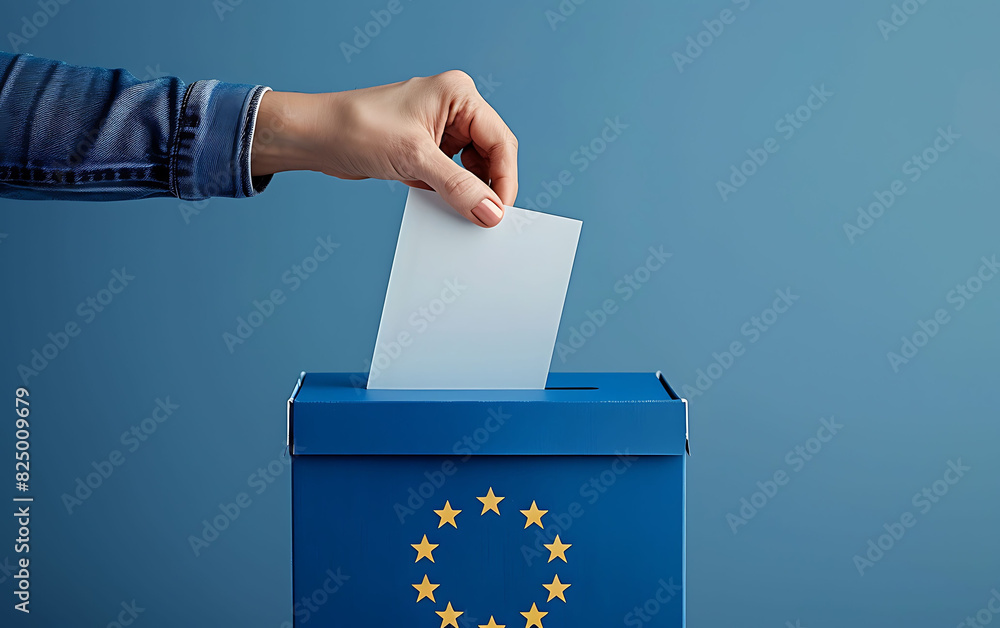 hand places a ballot into a blue box adorned with the European Union flag, symbolizing voting and civic engagement in the EU hand places a ballot into a blue box adorned with the European Union flag, symbolizing voting and civic engagement in the EU