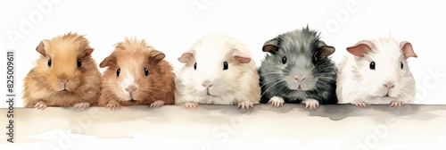 Watercolor nursery theme baby room, A row of guinea pigs in various colors and poses. photo