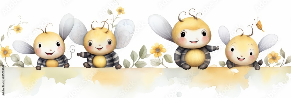 Fototapeta premium Watercolor nursery theme baby room, Cute cartoon bees on a white background.