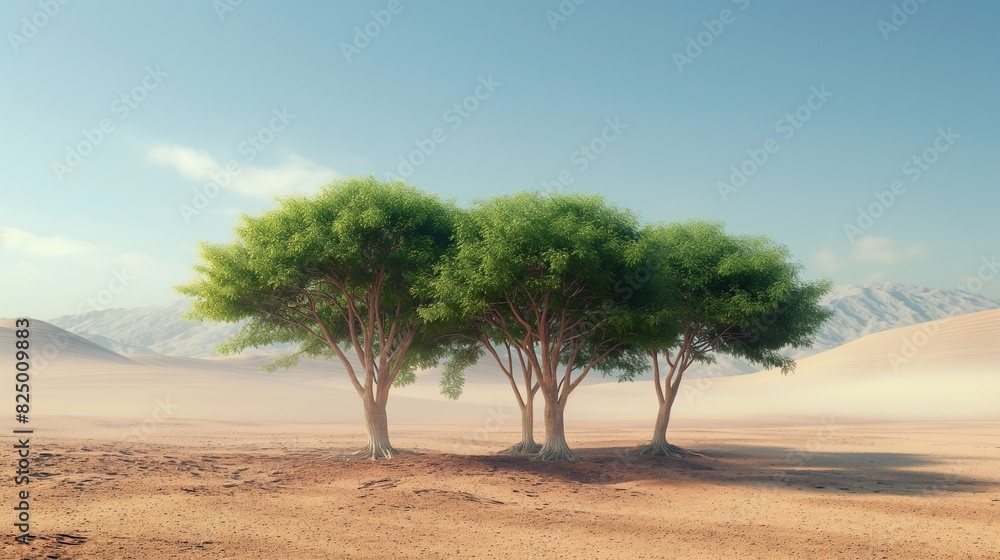 A digital oasis in a barren desert, where holographic trees sway gently in the breeze generated by AI-powered weather simulations, offering a glimpse of hope in a world transformed by technology.