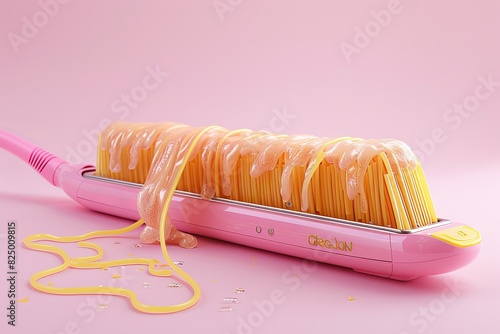 Creative food concept image with spaghetti noodles on hair straightener photo