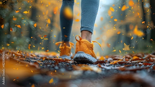 Close-up of person walking in an autumn forest, with orange sneakers and leaves falling around. Scenic fall outdoor adventure concept. photo