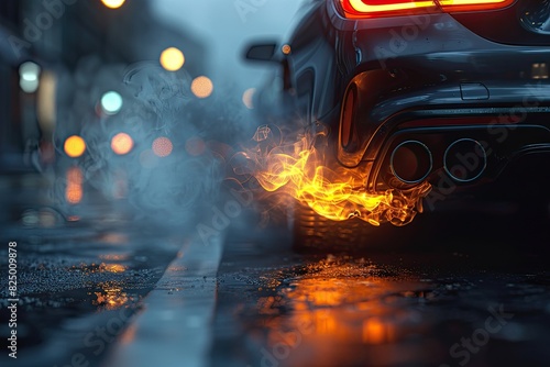 Close-up of a sports car exhaust with flames at night, highlighting speed, power, and urban environment in a dramatic scene.