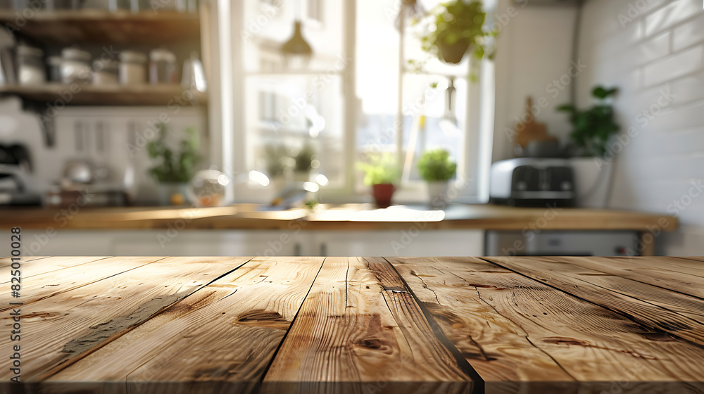 A polished wooden table in the foreground with a softly blurred kitchen setting behind. Generative AI illustration A polished wooden table in the foreground with a softly blurred kitchen setting behind. Generative AI illustration
