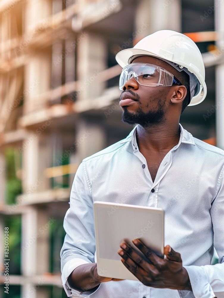 Engineer at construction site with digital tablet in his hand. He is in working clothes, safety helmet and safety glasses Engineer at construction site with digital tablet in his hand. He is in working clothes, safety helmet and safety glasses