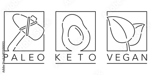 Keto, Paleo, Vegan - icons in thin separated lines