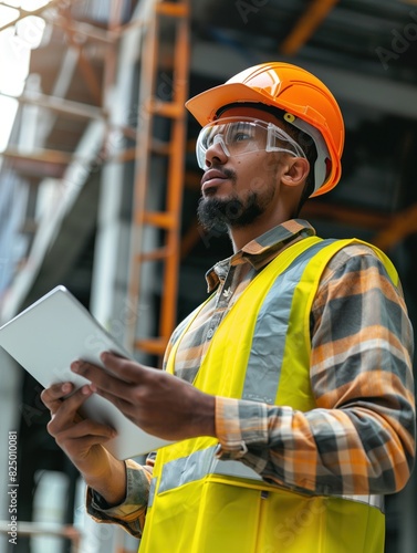 Engineer at construction site with digital tablet in his hand. He is in working clothes, safety helmet and safety glasses	