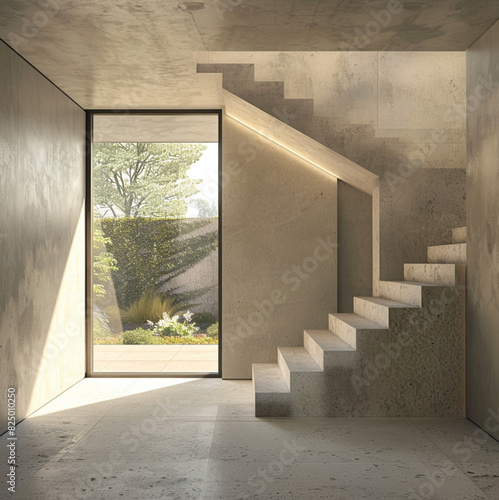 fairly modern entrance hall of a house with a staircase going to the right, interior view, 1 interior wall is in concrete covered with a simple white paint, We see the garden through the door photo