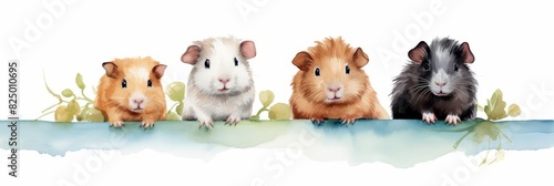 Watercolor nursery theme baby room, Four cute guinea pigs in a row on a white background photo