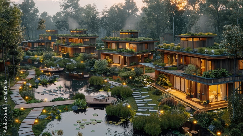 Obraz premium Community space in an eco-village with shared resources and sustainable infrastructure.