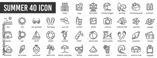 Summer, vacation, beach minimal thin line icon set