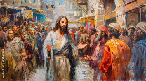 A painting of Jesus performing a miracle, compassionate and serene expression, standing among a crowd