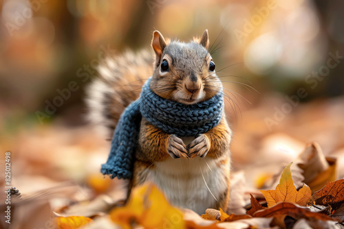 A squirrel wrapped in a scarf enjoying the crisp autumn air and falling leaves